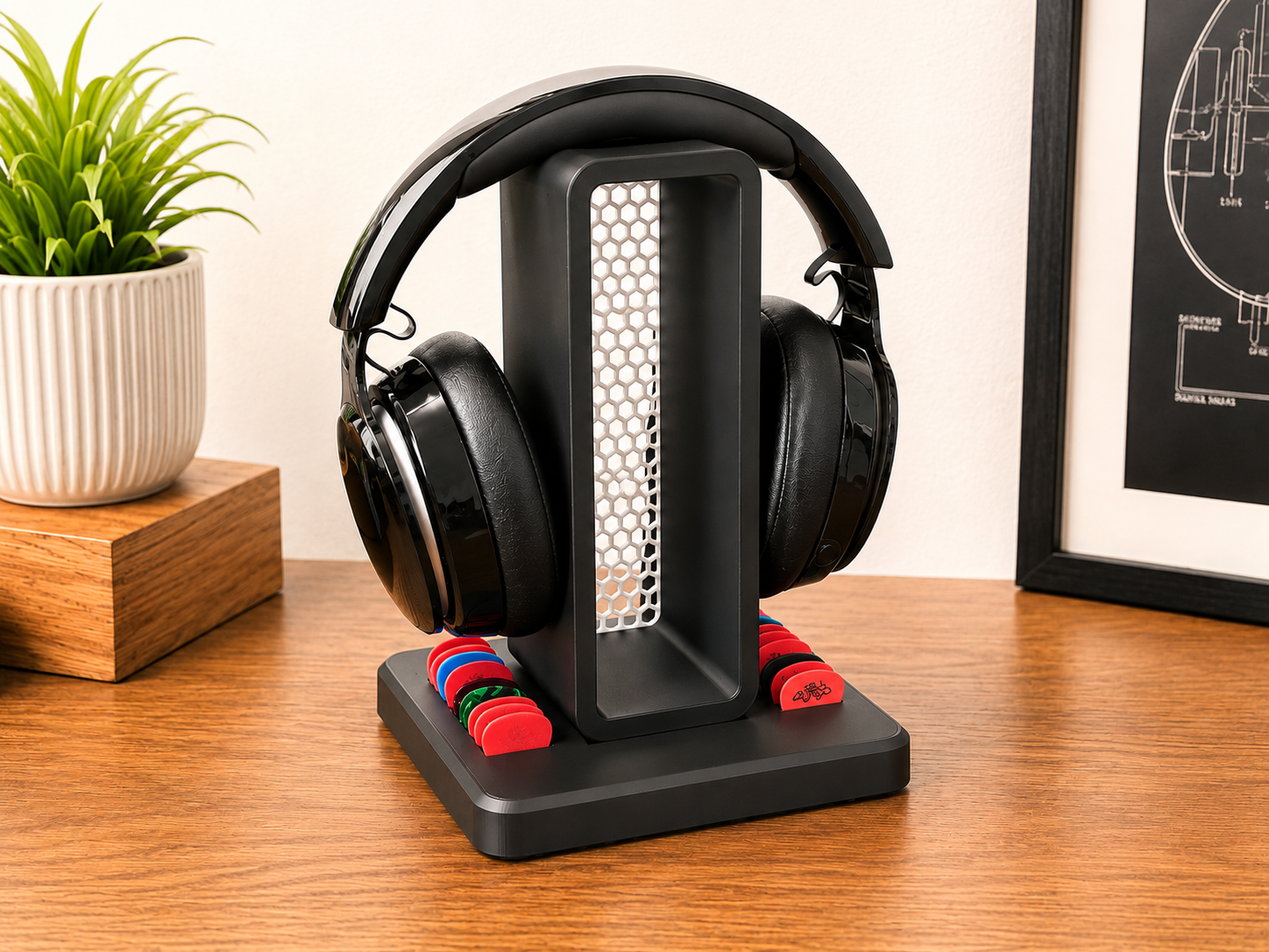 Headphone Stand with Built-In Guitar Pick Holder